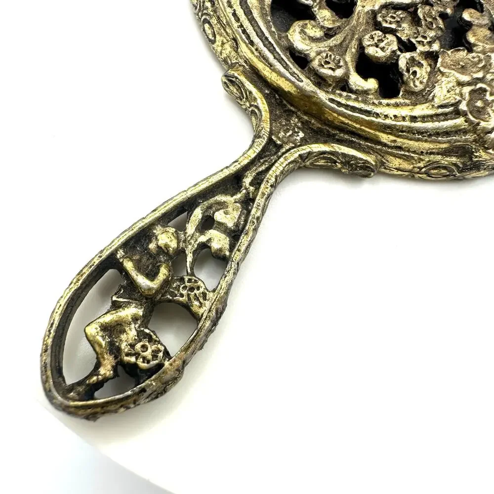 Vintage Art Nouveau Revival gold tone cherubs angels handheld 4.25